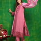 Artificial Flower & Lace Detailing Kurta With Pant & Dupatta, Pink - Hiral Fashion