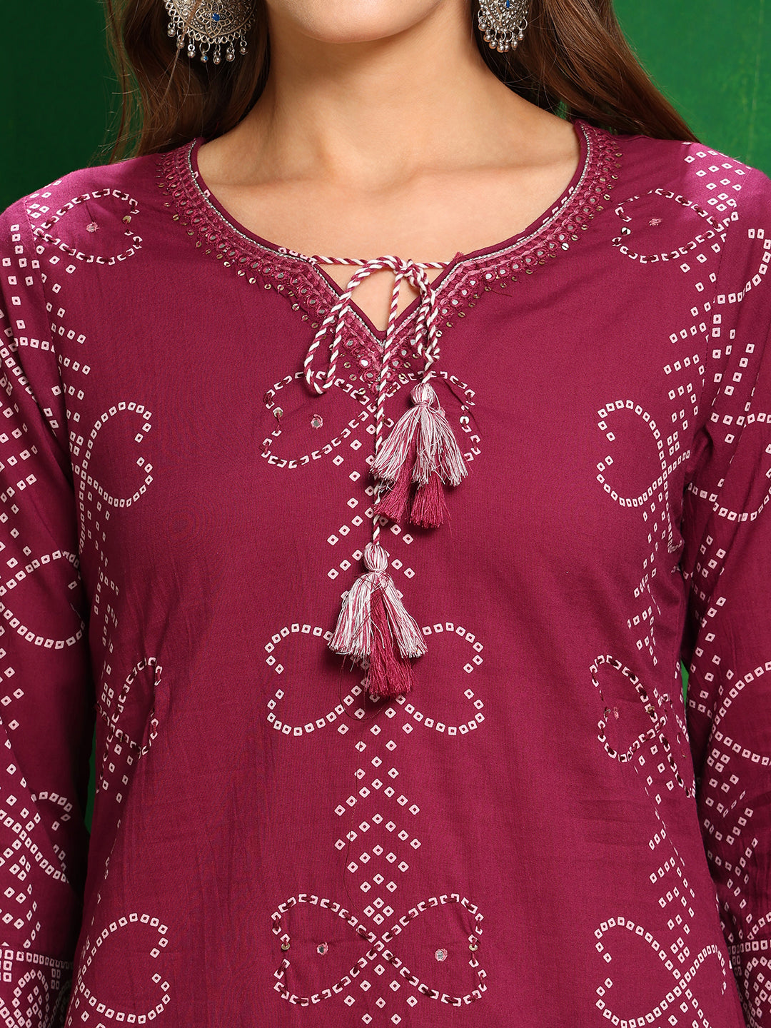 Bandhani Printed And Embroidered Kurta With Pant & Dupatta, Wine - Hiral Fashion