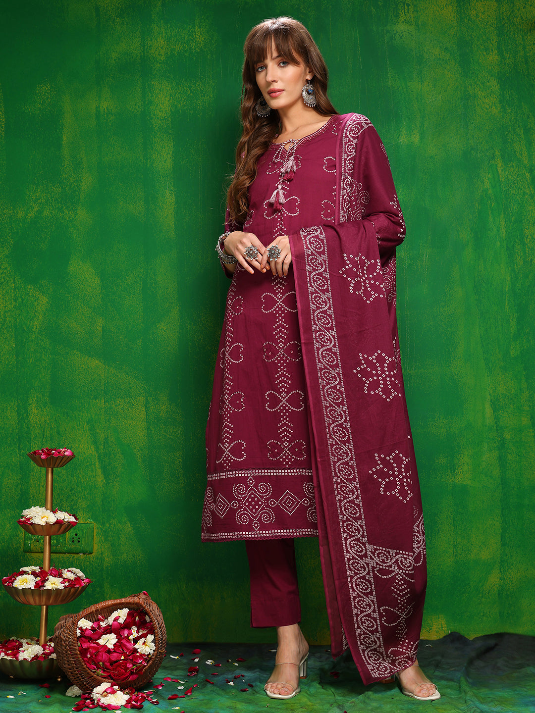 Bandhani Printed And Embroidered Kurta With Pant & Dupatta, Wine - Hiral Fashion