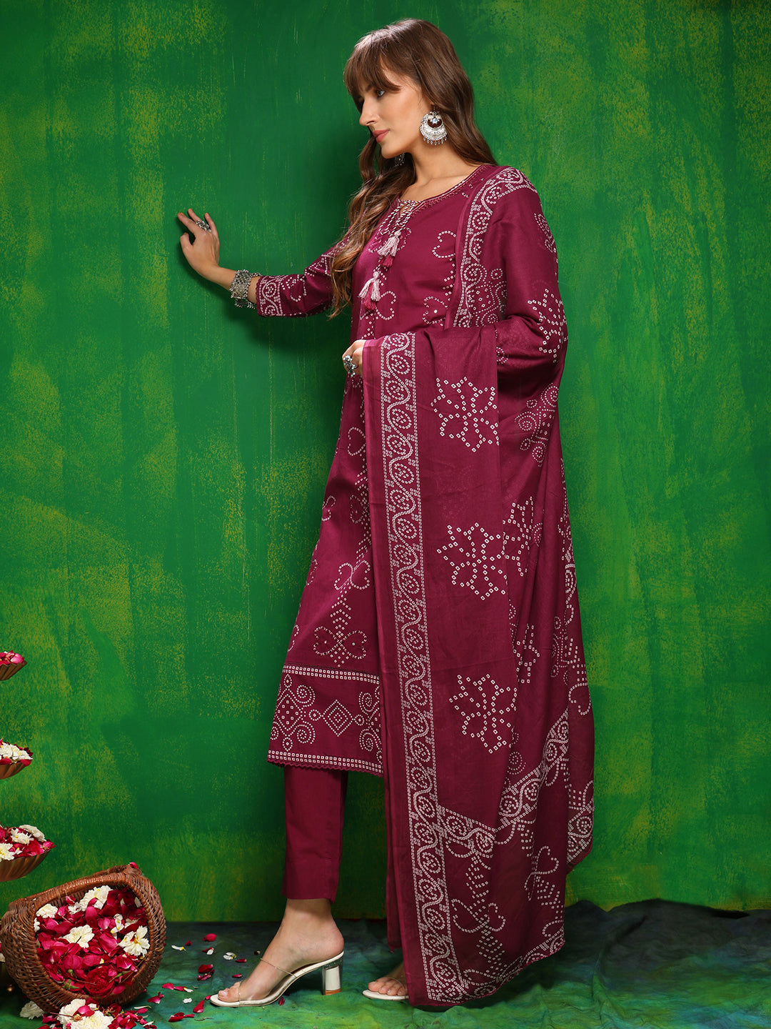 Bandhani Printed And Embroidered Kurta With Pant & Dupatta, Wine - Hiral Fashion