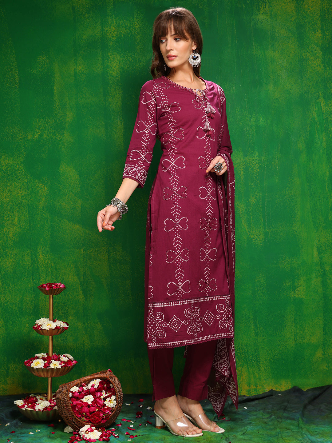 Bandhani Printed And Embroidered Kurta With Pant & Dupatta, Wine - Hiral Fashion
