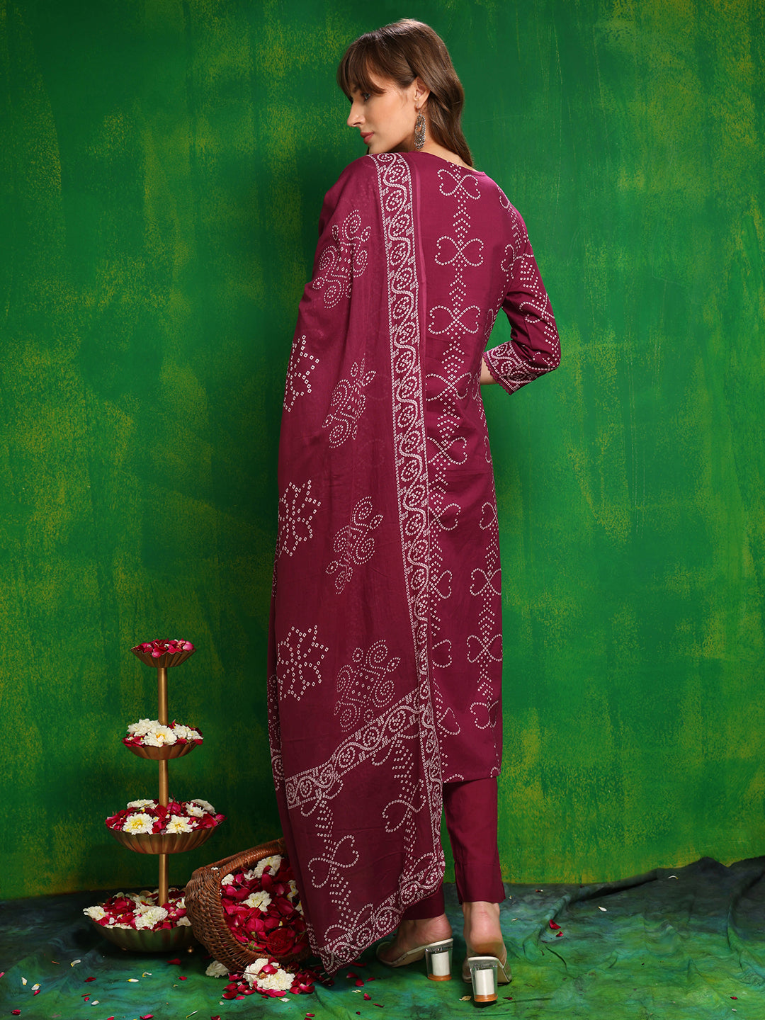 Bandhani Printed And Embroidered Kurta With Pant & Dupatta, Wine - Hiral Fashion