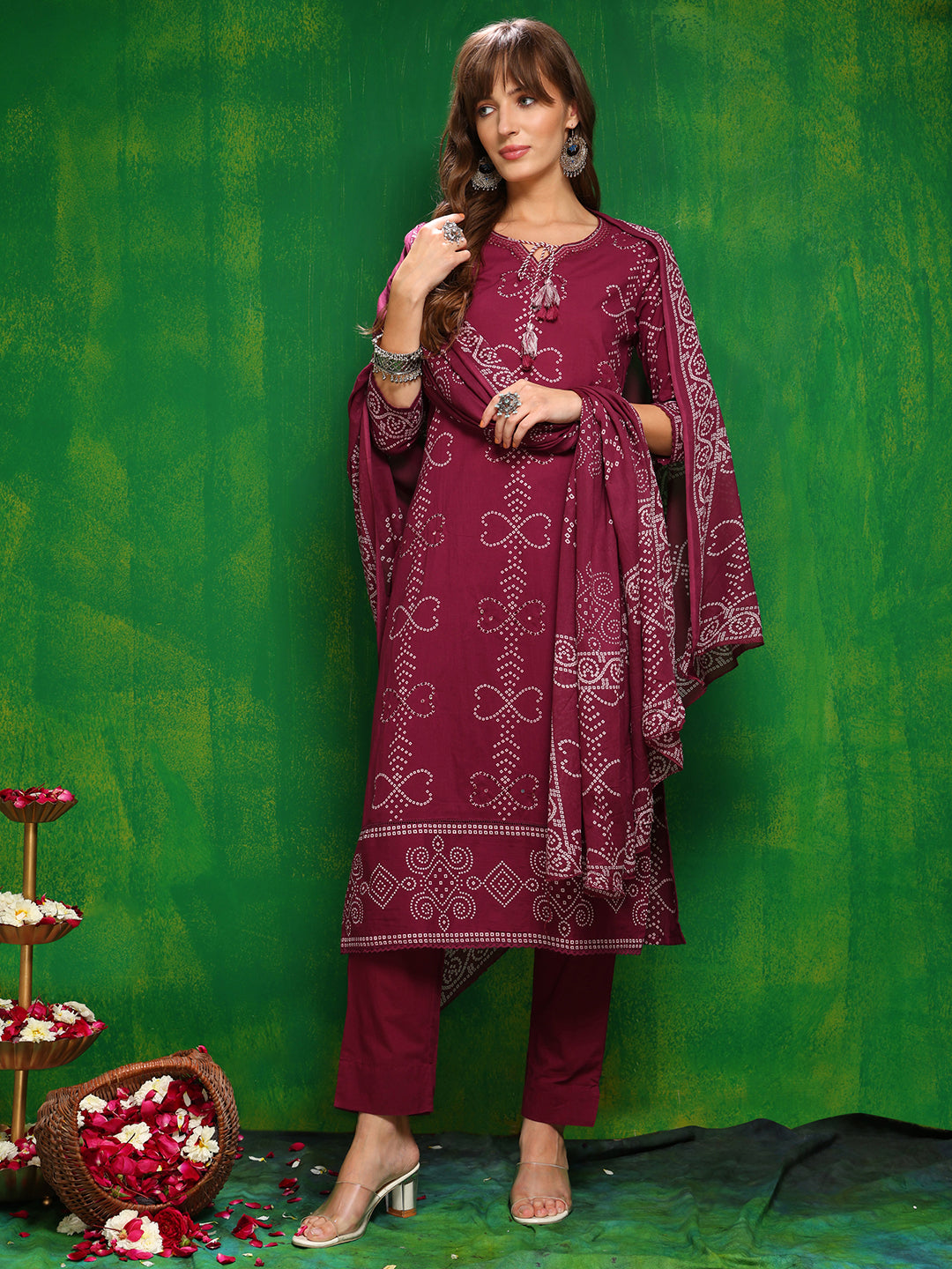 Bandhani Printed And Embroidered Kurta With Pant & Dupatta, Wine - Hiral Fashion