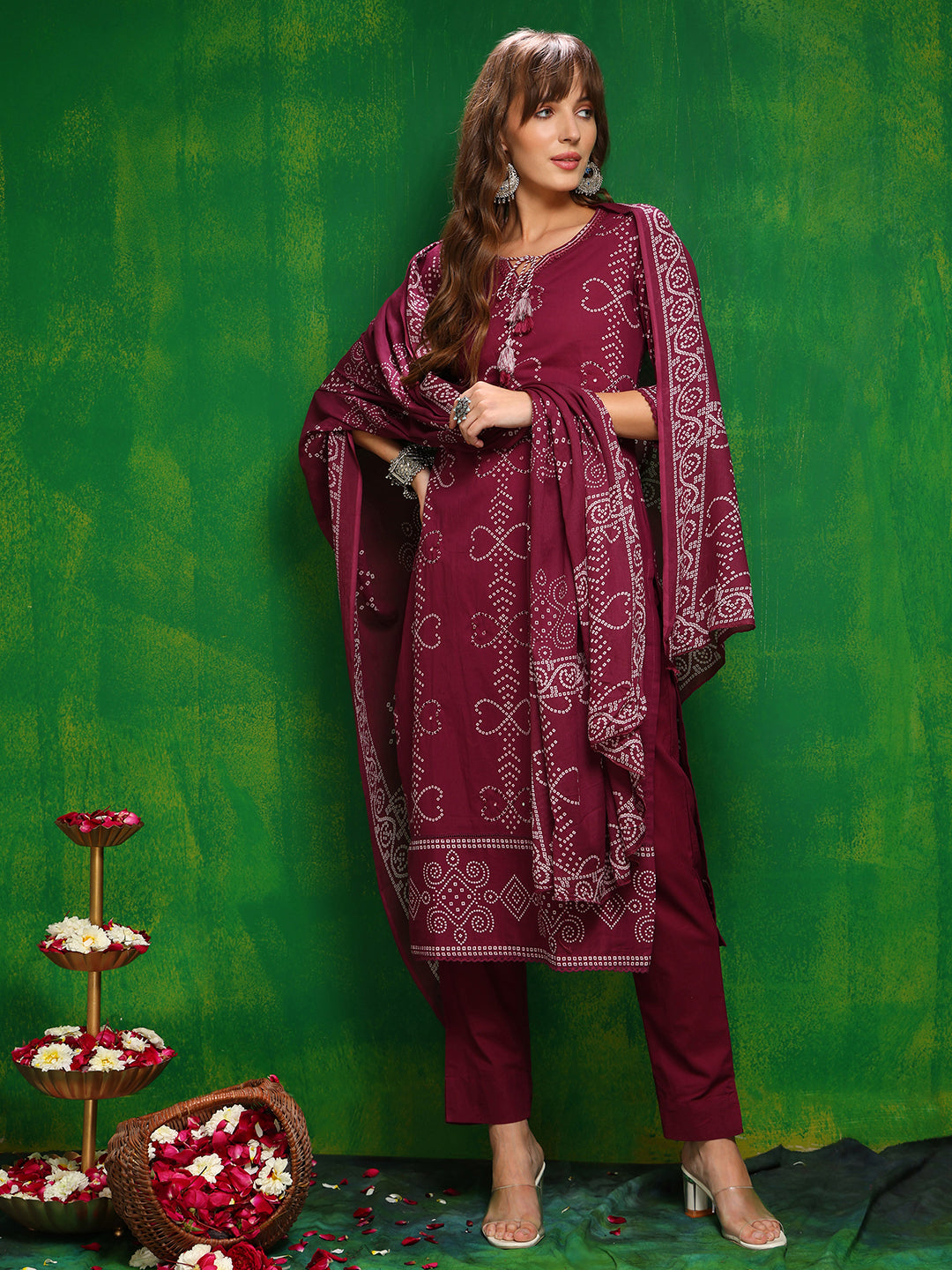 Bandhani Printed And Embroidered Kurta With Pant & Dupatta, Wine - Hiral Fashion