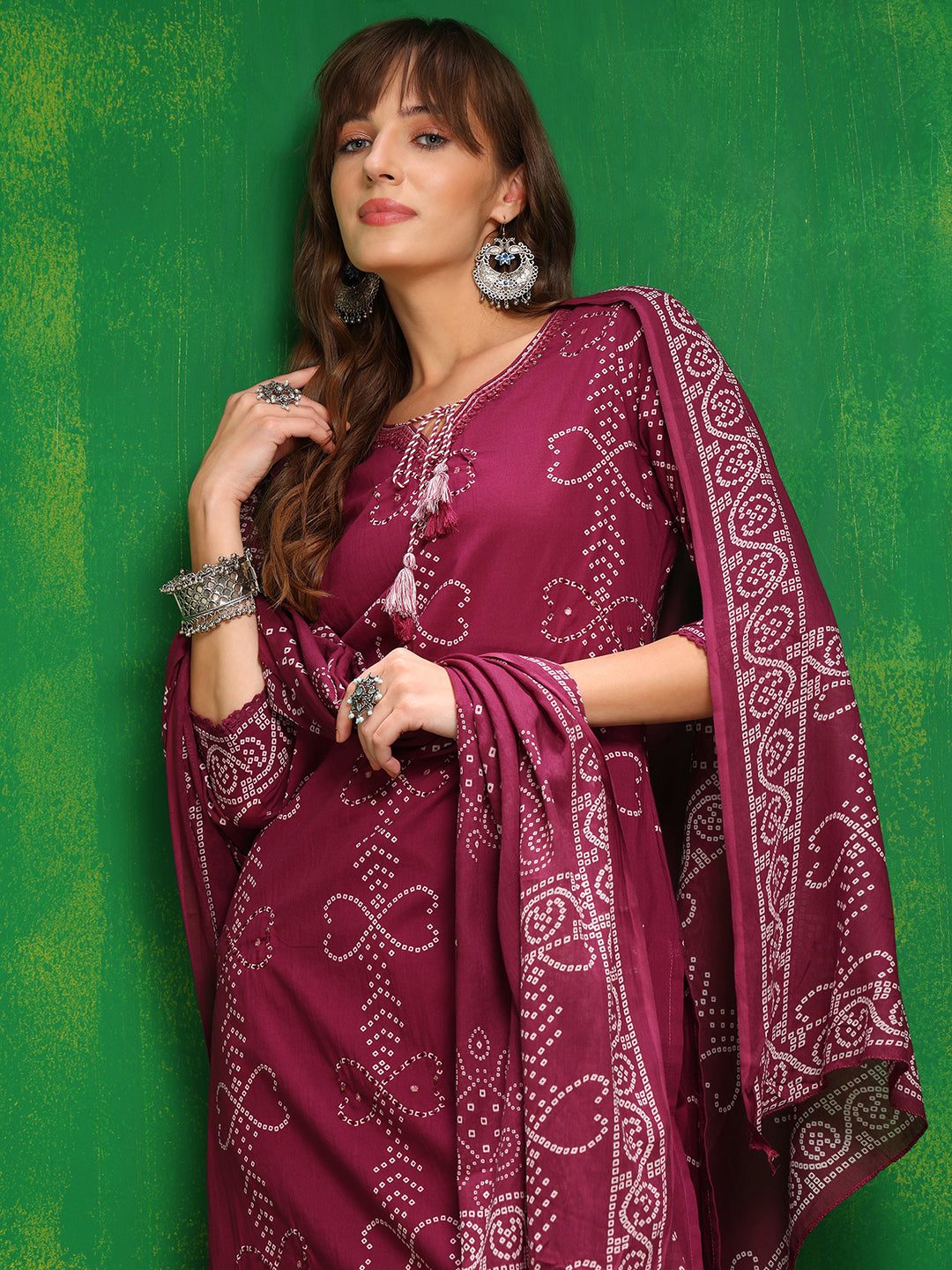 Bandhani Printed And Embroidered Kurta With Pant & Dupatta, Wine - Hiral Fashion