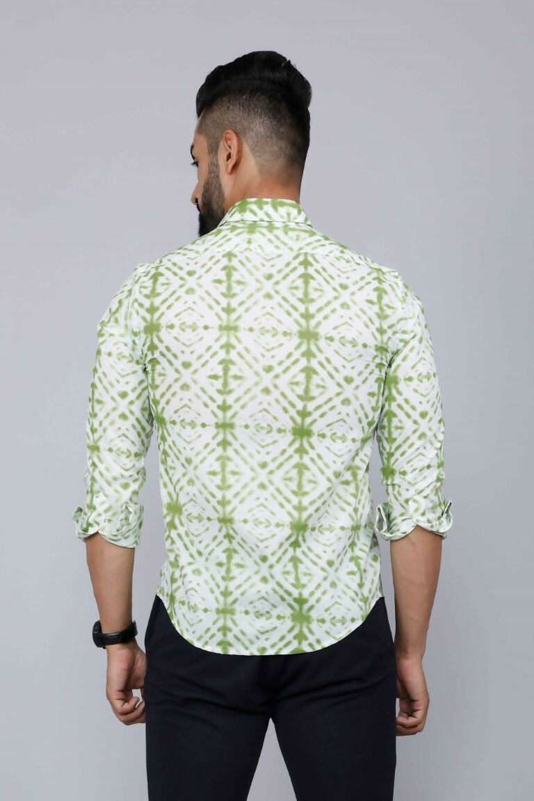 Miravan Men's Premium Green and White Slim Fit Tie Dye Cotton Shirt | Swadesiicart