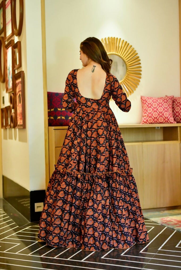 Jyoti Fashion Women's Brown Heavy Digital Printed Cotton Silk Anarkali Dress | Swadesiicart