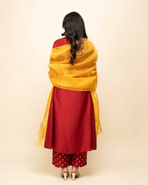 FIORRA Women's Red Silk Blend A-Line Kurta Palazzo Set With Dupatta - Swadesiicart