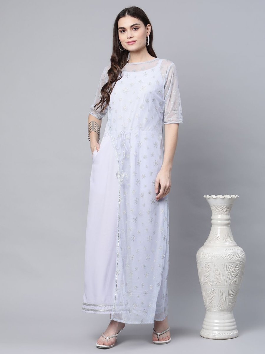 Ahalyaa Womens Blue Crepe & Net Silver Glitter Print Jumpsuit - Swadesiicart