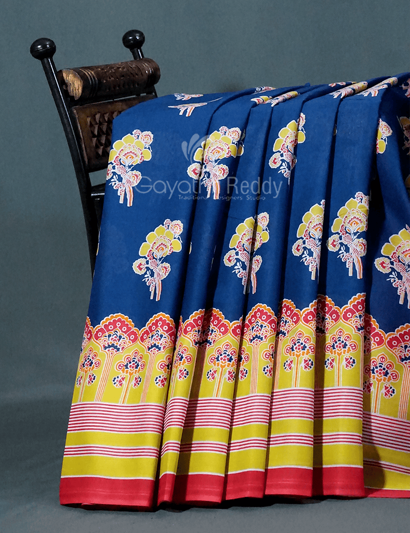 Block Print Indigo Blue Coloured Mulmul Cotton Saree By Gayathri Reddy Designer Studio | Swadesiicart