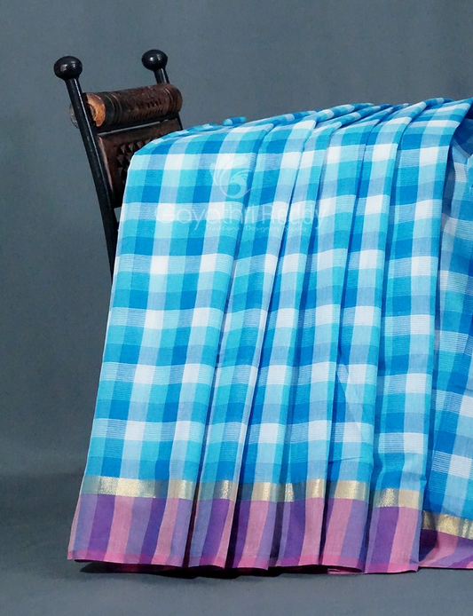 Sky Blue With Checks Pure Mangalgiri Cotton Saree By Gayathri Reddy Designer Studio | Swadesiicart