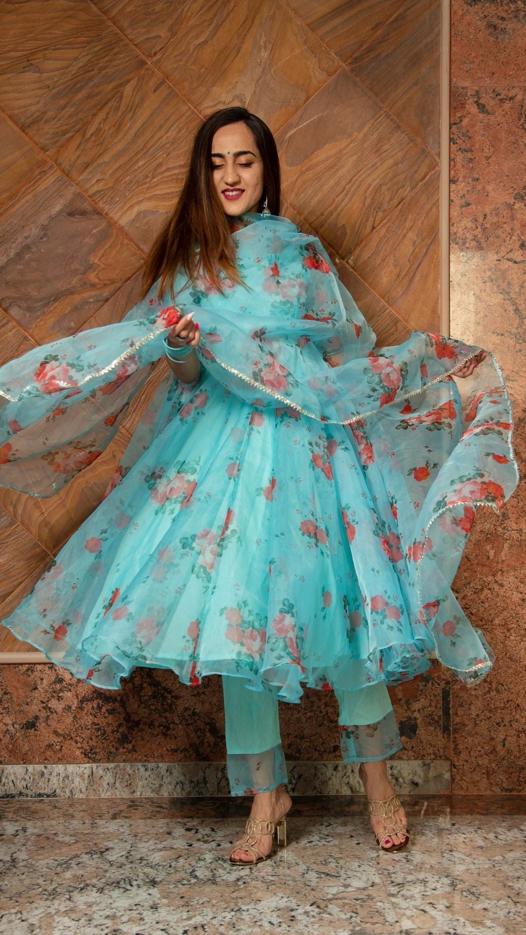 Pomcha Jaipur Blue And Red Floral Organza Anarkali Set | Swadesiicart