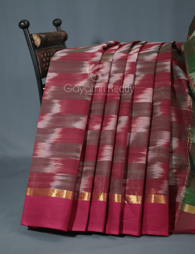 Dual Shades of Maroon And Brown Mangalagiri Ikkat Cotton Saree By Gayathri Reddy Designer Studio | Swadesiicart