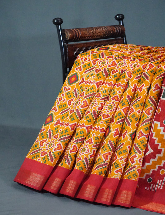 Shades of Mango Yellow Colour Patola Print Semi Chanderi Saree By Gayathri Reddy Designer Studio | Swadesiicart