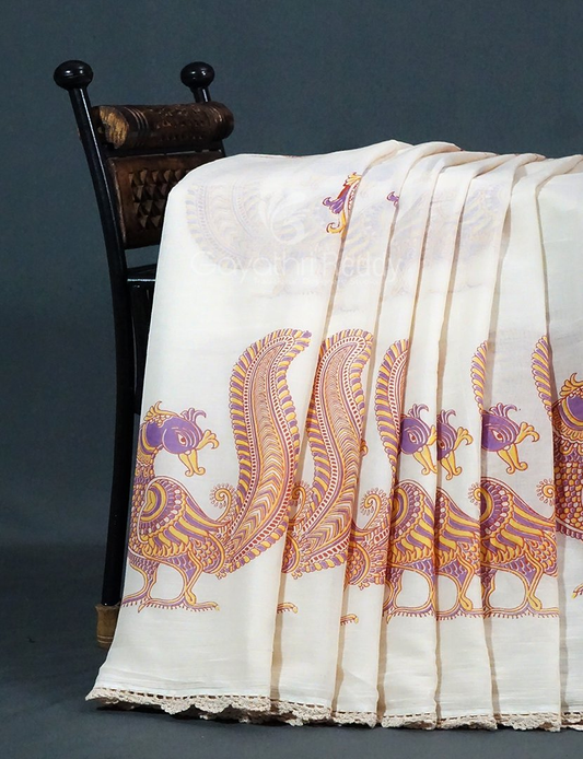 Cream Colour Block Print Crocia Mulmul Cotton Saree By Gayathri Reddy Designer Studio | Swadesiicart