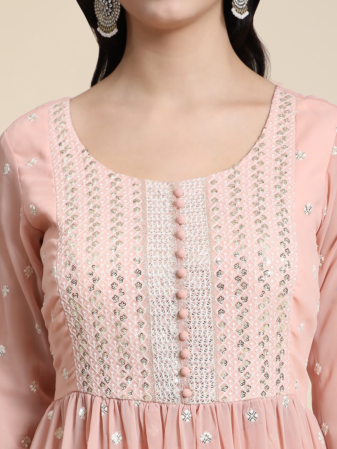 Kalini Women Peach-Coloured Ethnic Motifs Embroidered Empire Thread Work Kurta with Sharara & With Dupatta | Swadesiicart