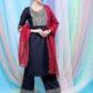 Vishudh Navy Blue Ethnic Motifs Yoke Design Straight Kurta With Palazzos & Dupatta - Swadesiicart