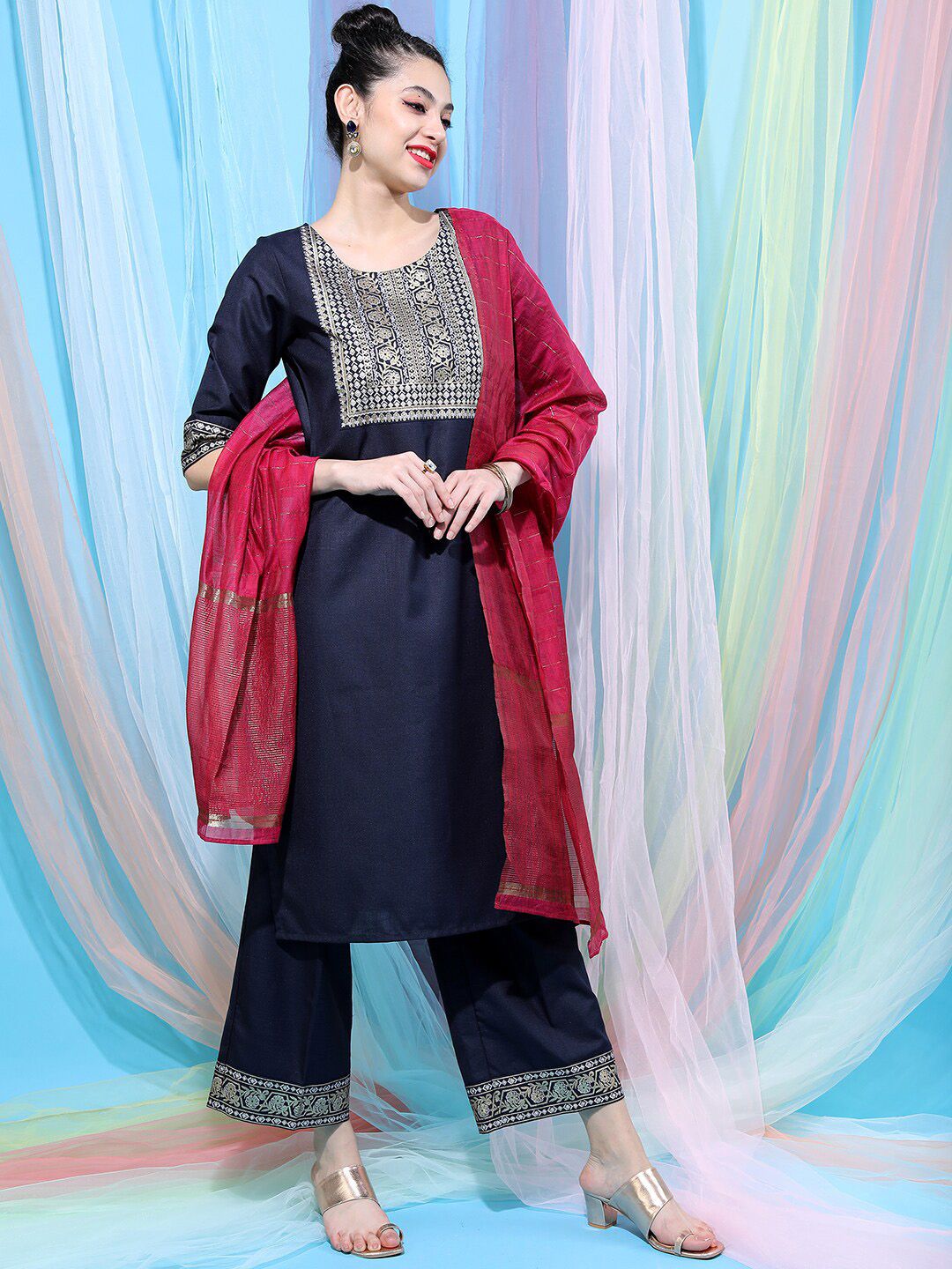Vishudh Navy Blue Ethnic Motifs Yoke Design Straight Kurta With Palazzos & Dupatta - Swadesiicart