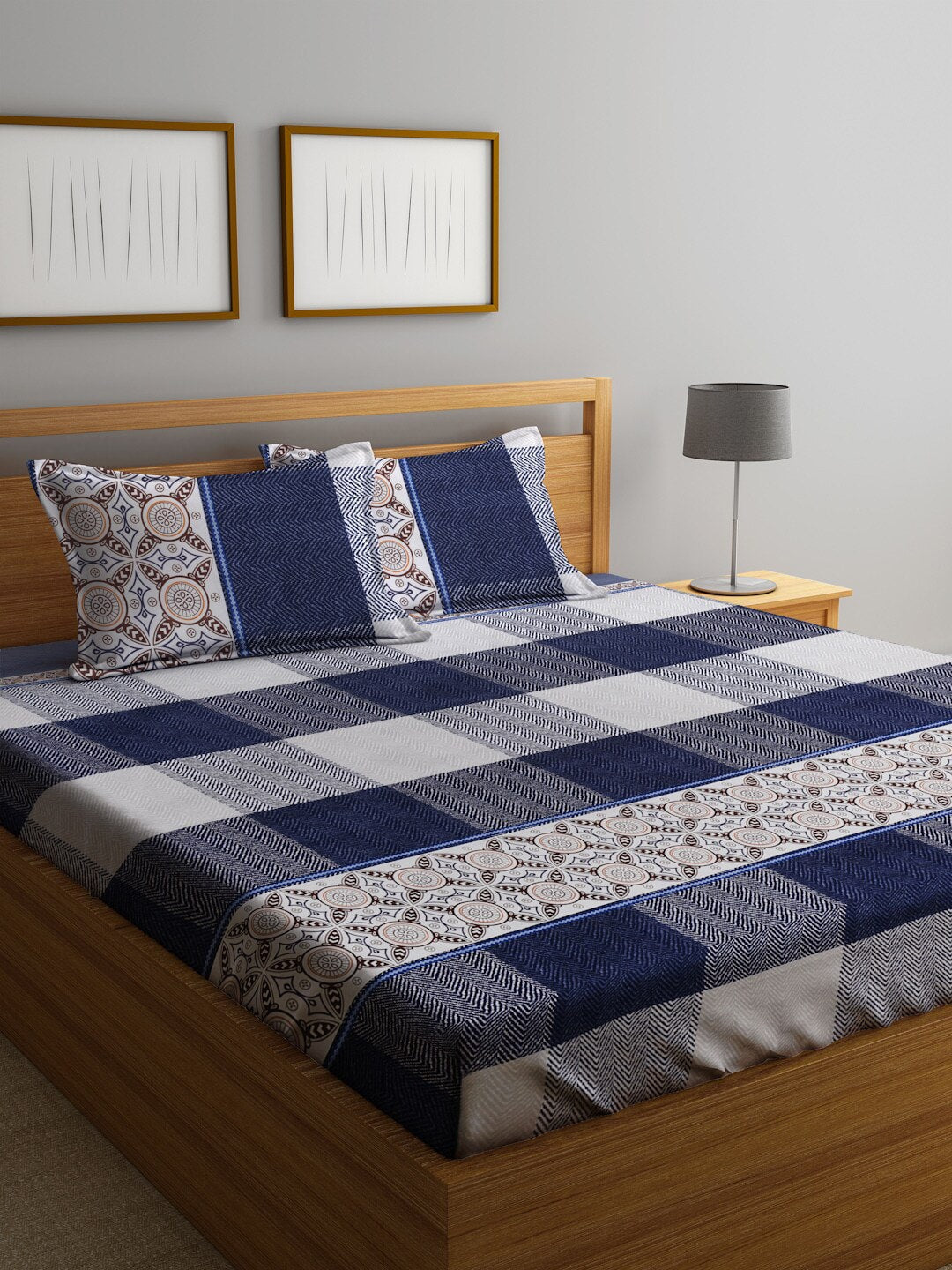 Home Sizzler Blue & White 210 TC Queen Geometric Cotton Bedsheet with 2 Pillow Covers - Swadesiicart