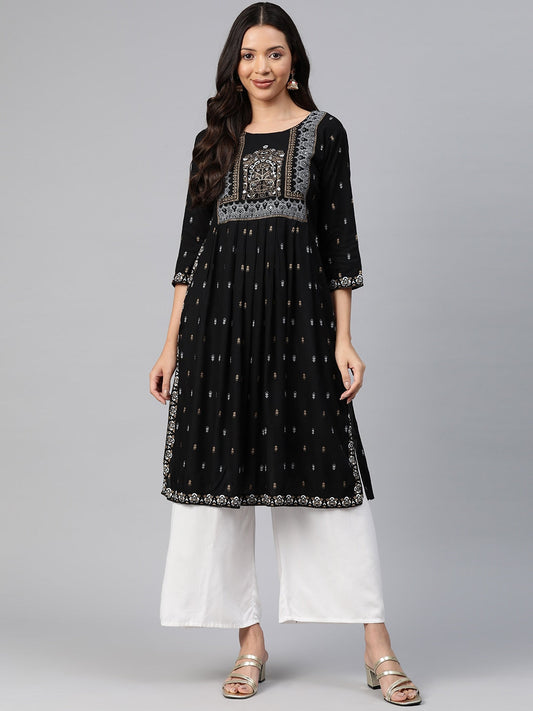 Kalini Ethnic Motifs Printed Mirror Work Kurta - Swadesiicart