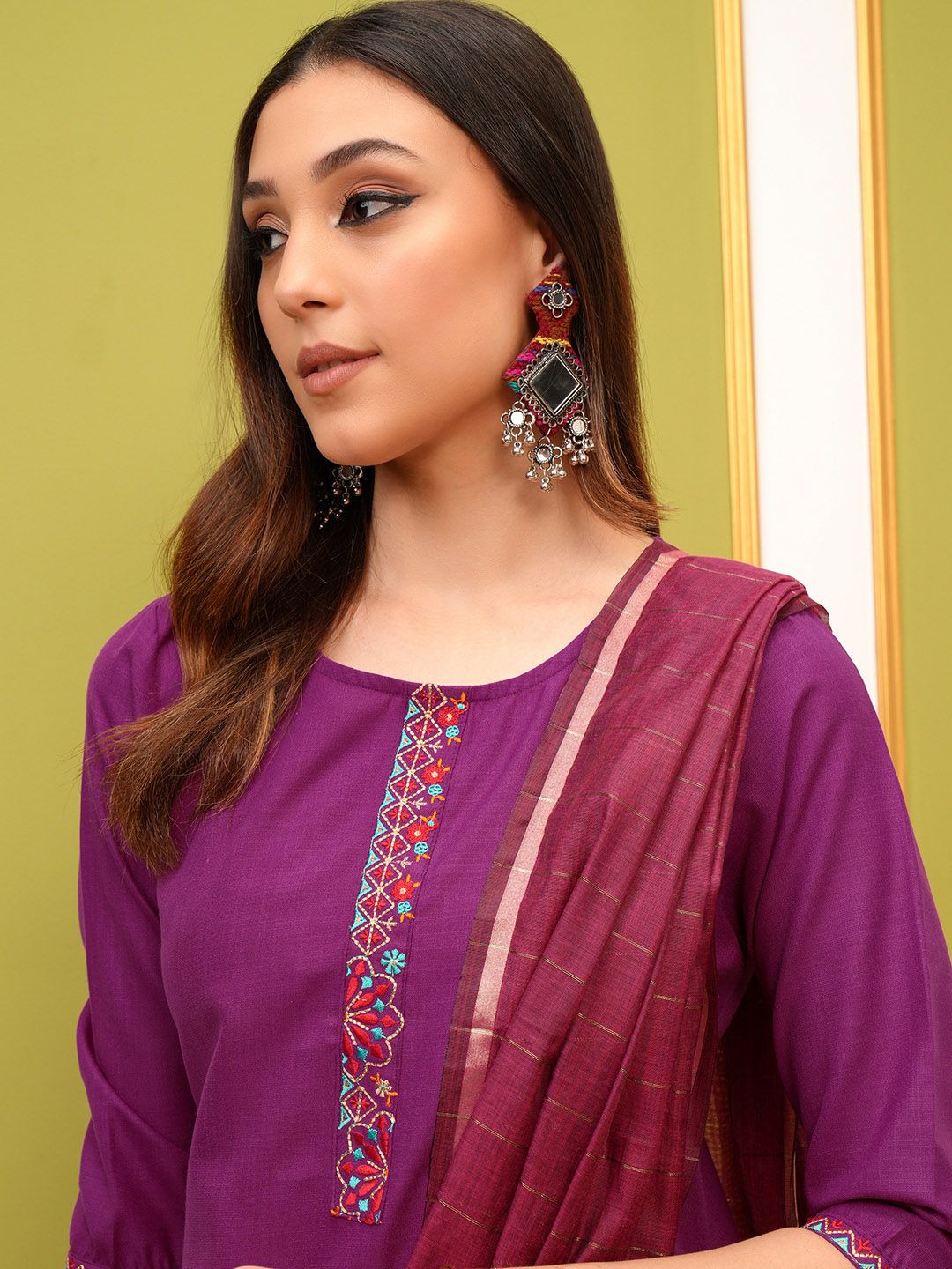 Vishudh Magenta Embroidered Kurta & Palazzos With Dupatta - Swadesiicart