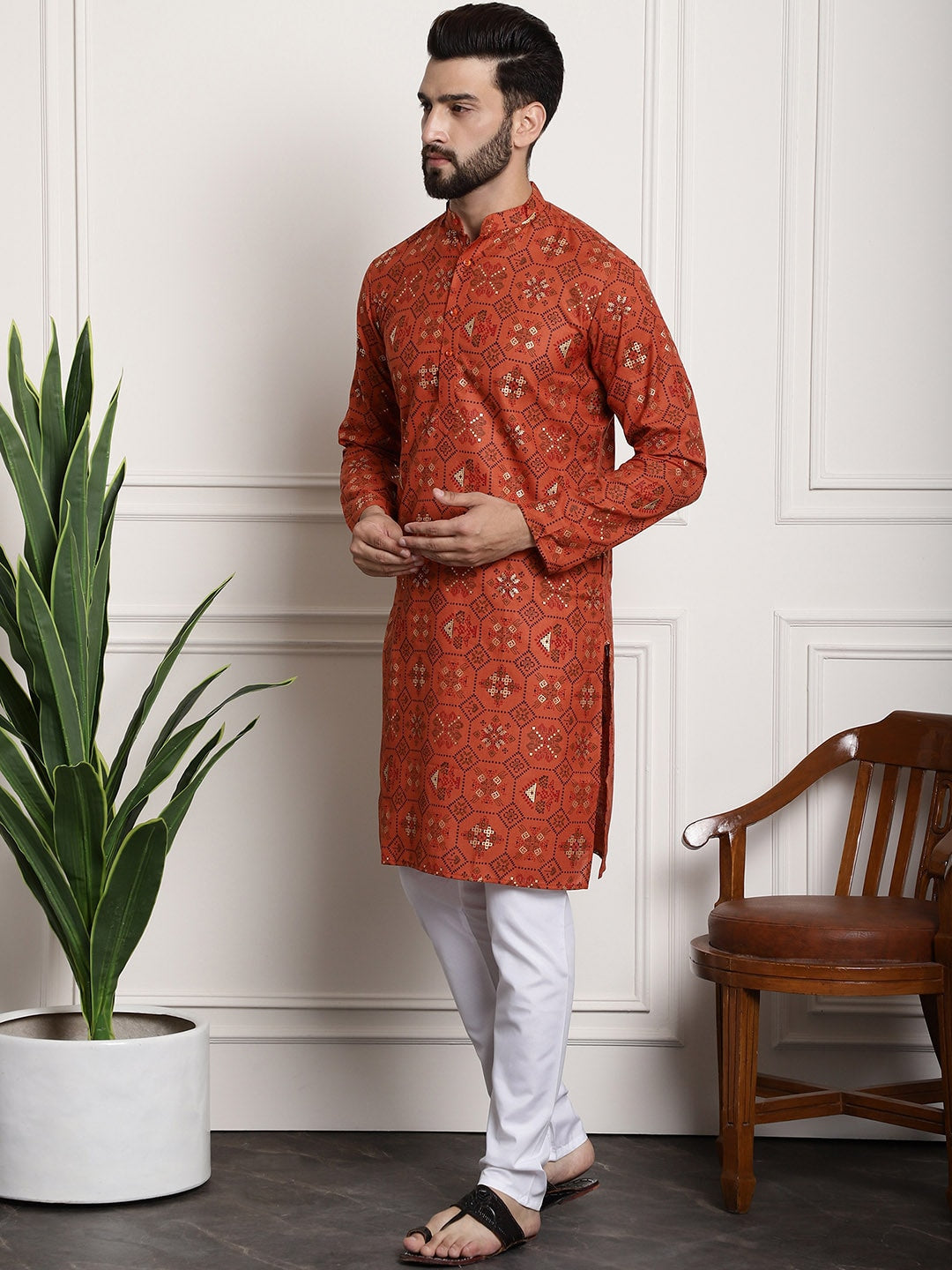 Sojanya Men Orange Printed Cotton Linen Kurta with Churidar | Swadesiicart
