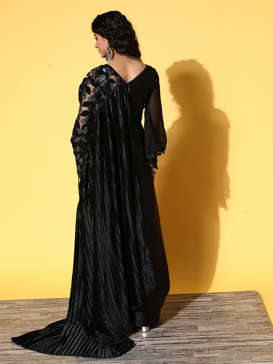 Tikhi Imli Black Floral Sequinned Satin Saree | Swadesiicart