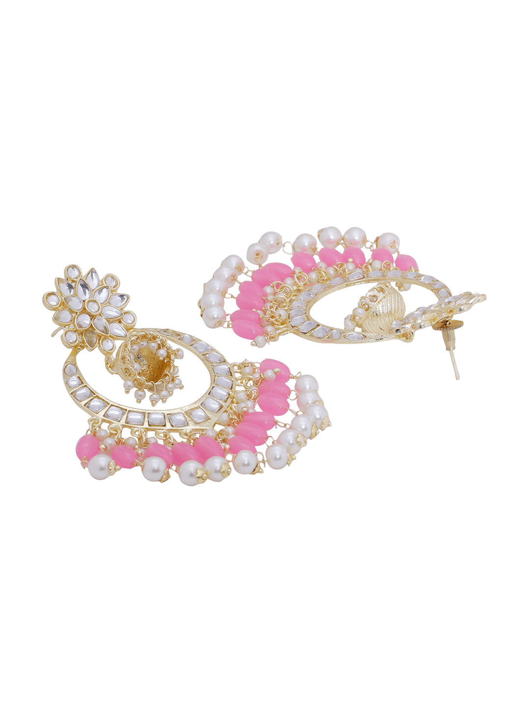 Shoshaa Pink & Gold-Toned Contemporary Kundan Drop Earrings With Pearls | Swadesiicart