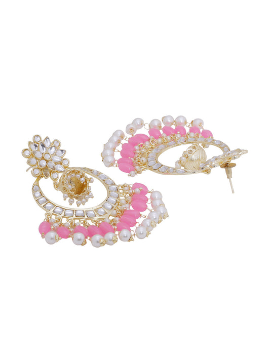 Shoshaa Pink & Gold-Toned Contemporary Kundan Drop Earrings With Pearls | Swadesiicart