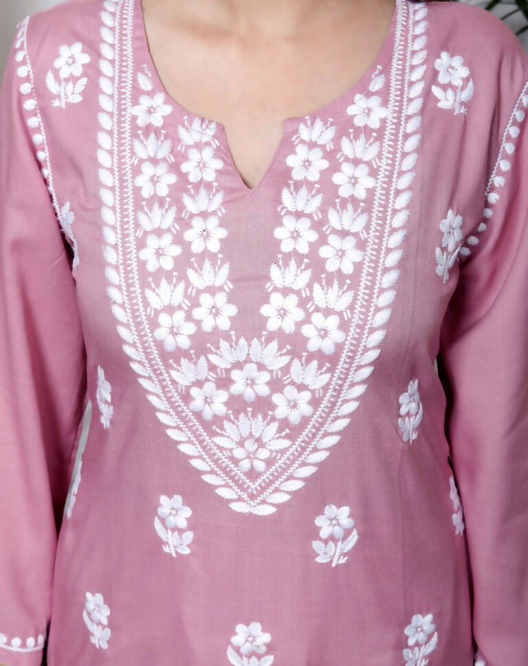 Miravan Women's Chikankari Embroidery Pink Straight Kurta & Palazzo Set | Swadesiicart
