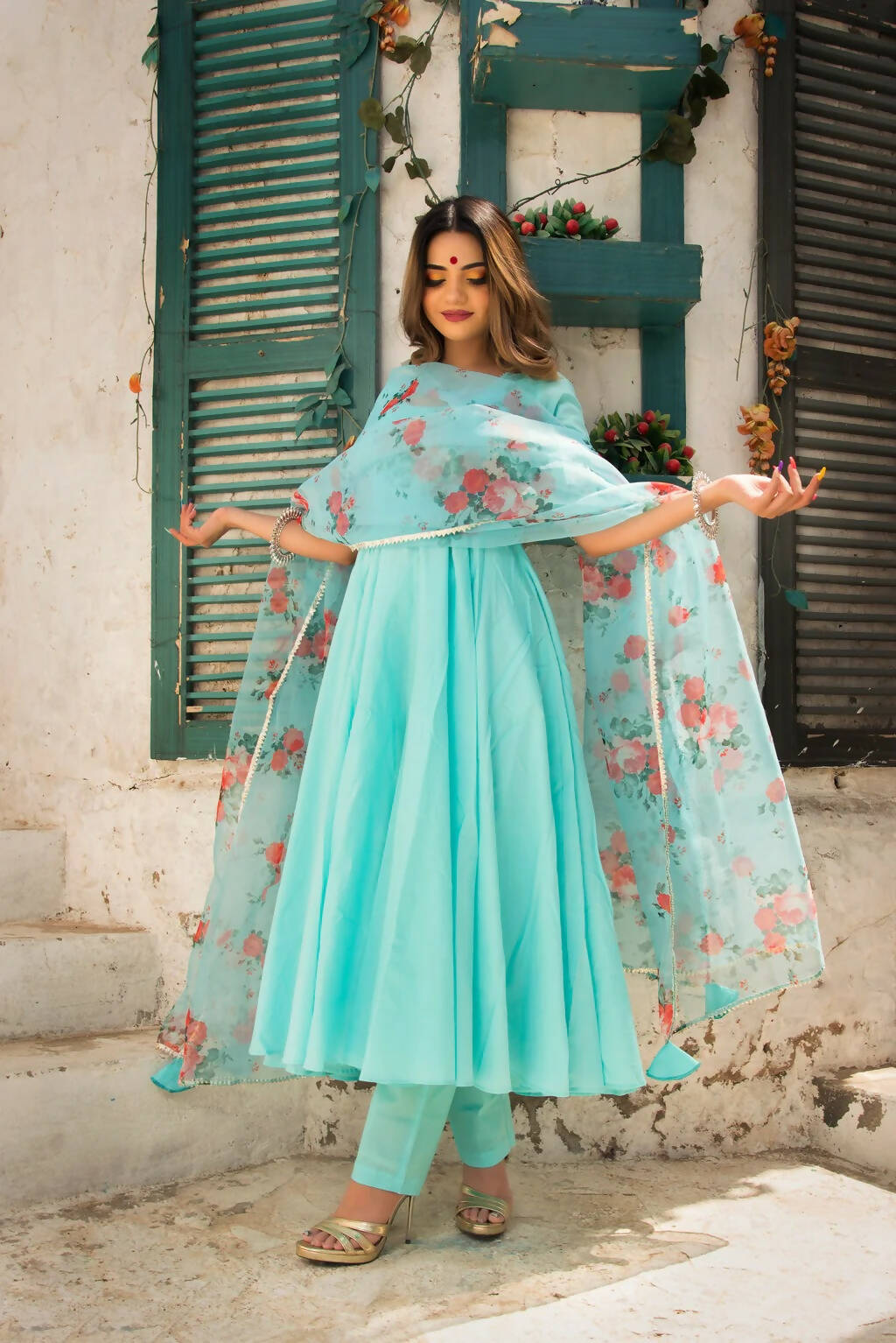 Pomcha Jaipur Blue Berry Pure Cotton Anarkali Set With Organza Dupatta | Swadesiicart