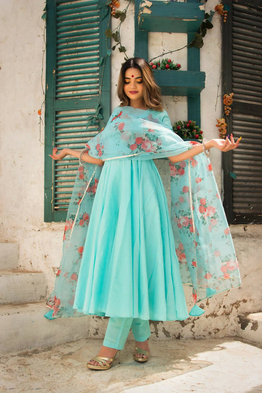 Pomcha Jaipur Blue Berry Pure Cotton Anarkali Set With Organza Dupatta | Swadesiicart