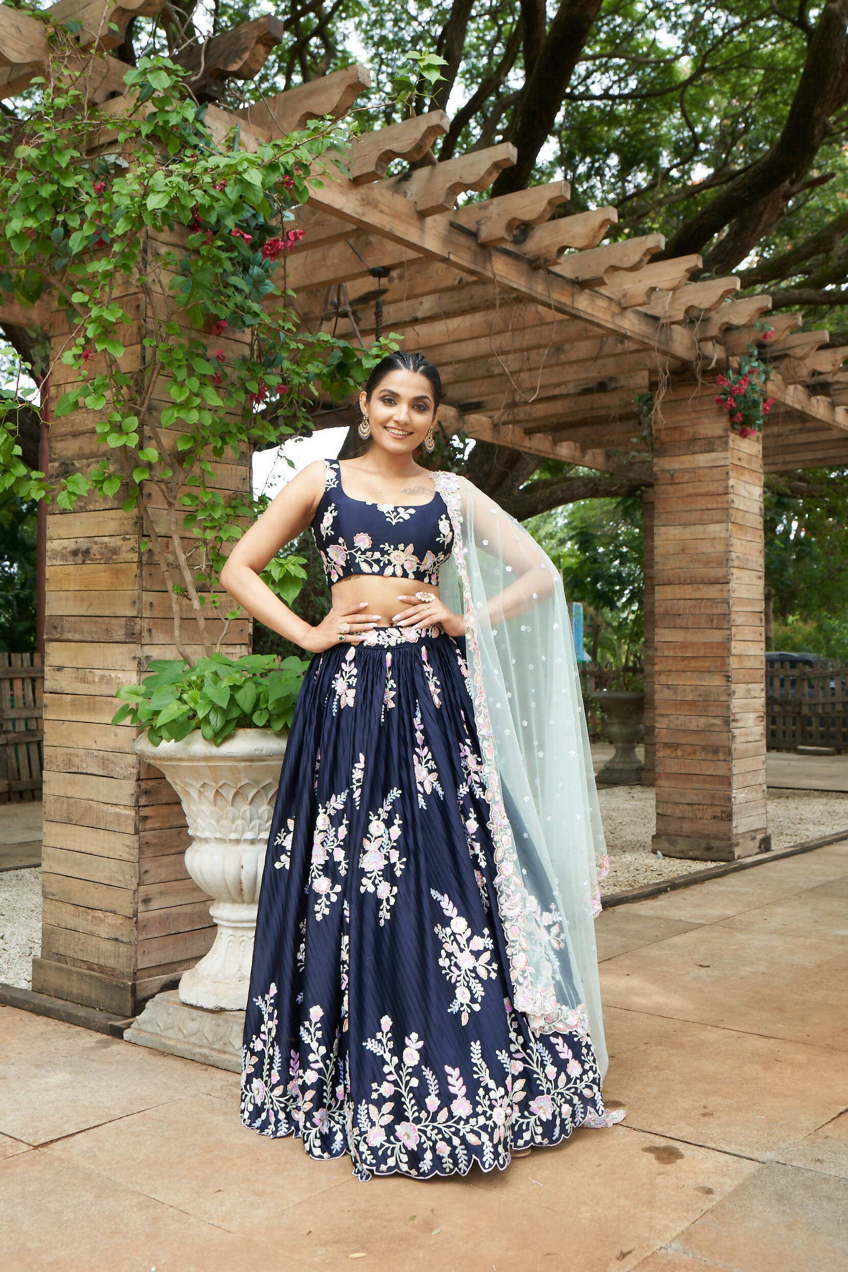 House of Panchhi Navy Blue Pure Georgette Thread & Sequinse Work Lehenga & Blouse, Dupatta | Swadesiicart
