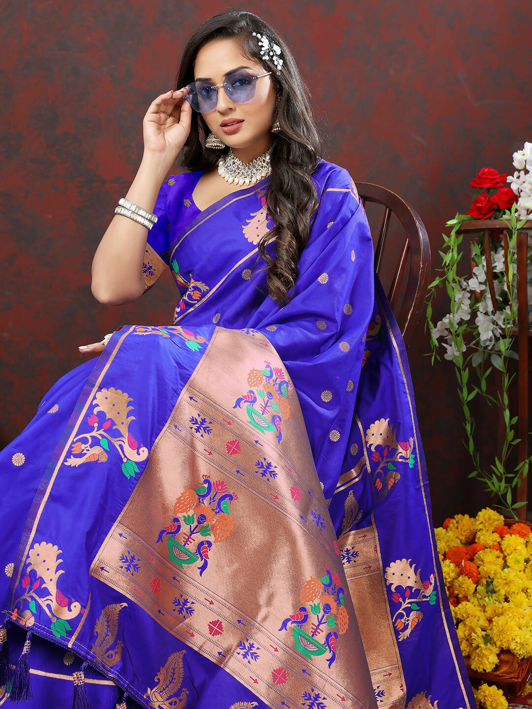 Lorenvalley Fashion Blue Soft Paithani Silk Woven Design Copper Zari Meenakari Weaving Saree - Swadesiicart