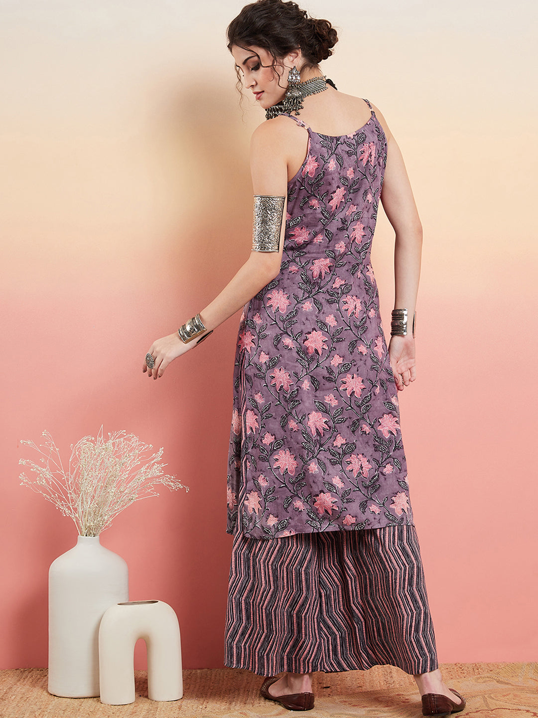 InWeave Women's Mauve Bagh Print Spaghetti Kurta Zig Zag Palazzo Set - Swadesiicart