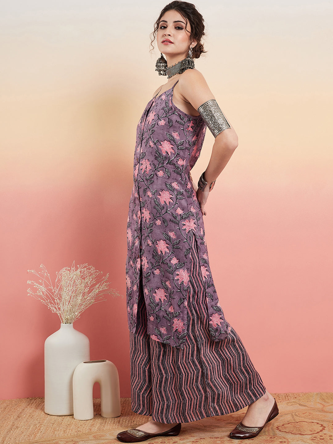 InWeave Women's Mauve Bagh Print Spaghetti Kurta Zig Zag Palazzo Set - Swadesiicart