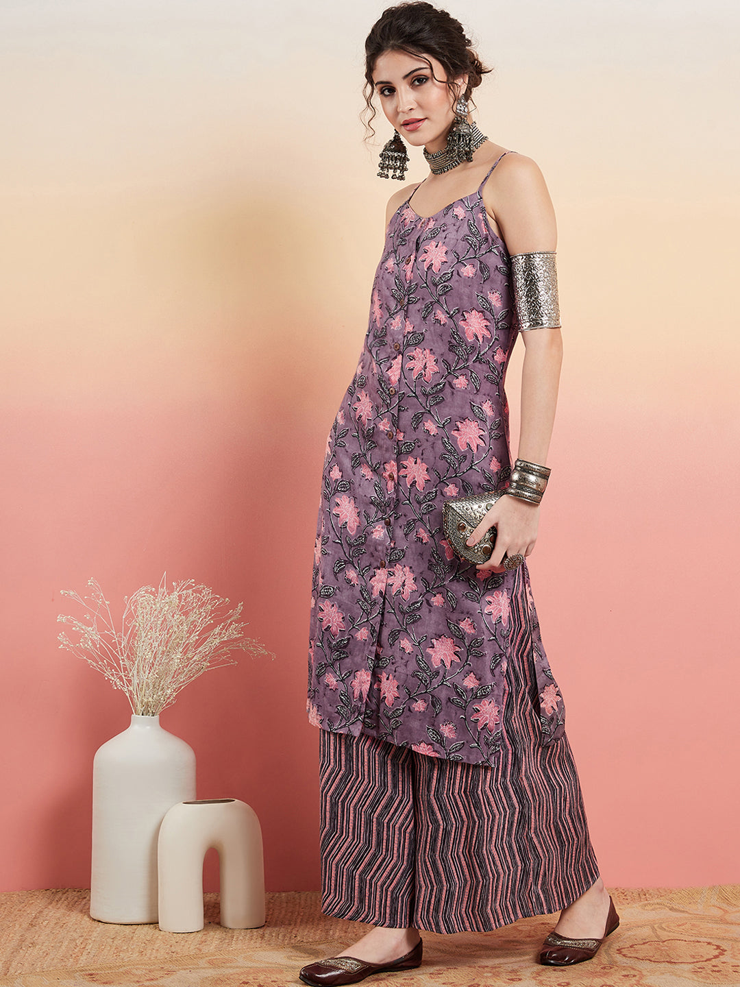 InWeave Women's Mauve Bagh Print Spaghetti Kurta Zig Zag Palazzo Set - Swadesiicart