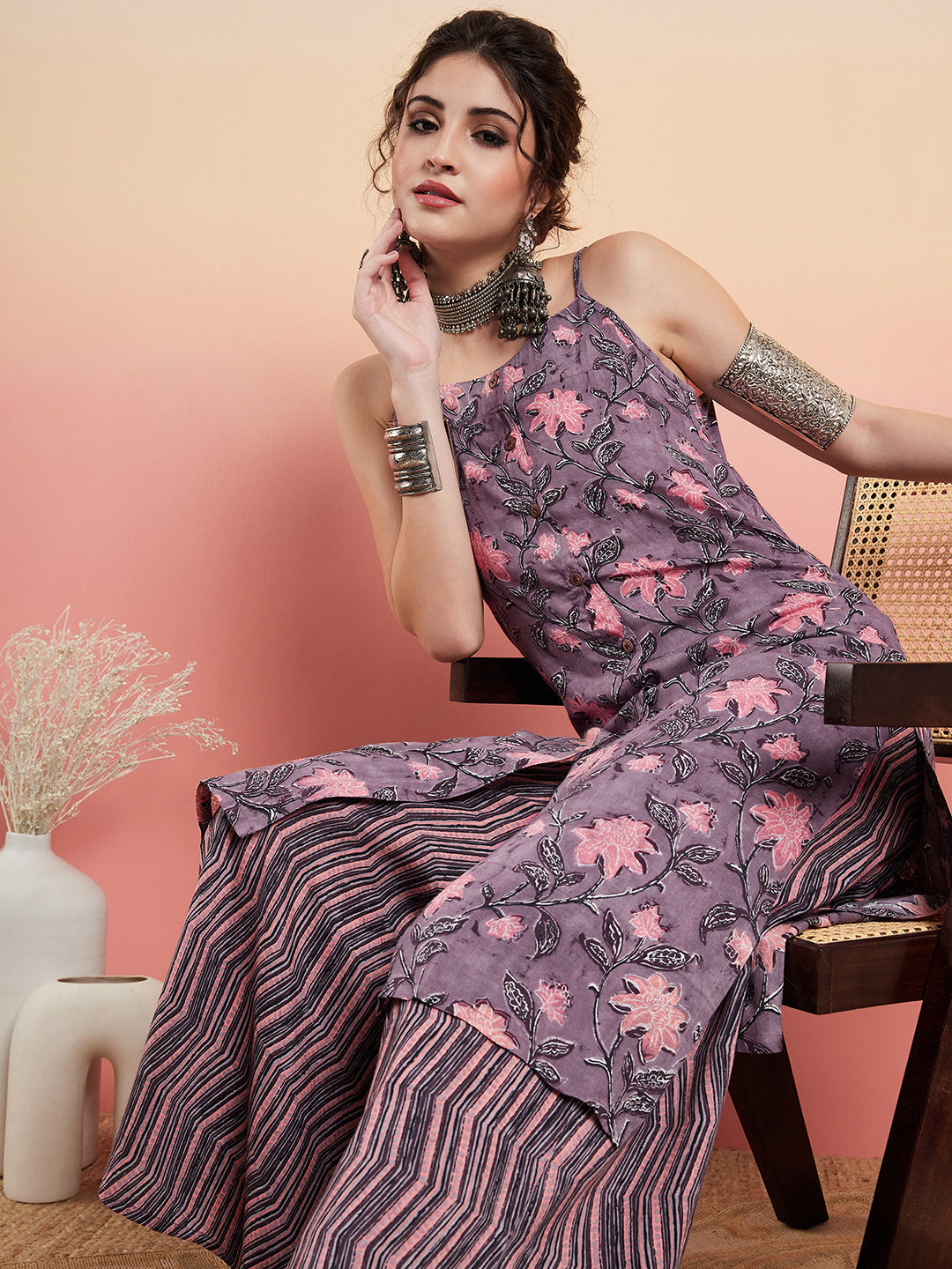 InWeave Women's Mauve Bagh Print Spaghetti Kurta Zig Zag Palazzo Set - Swadesiicart