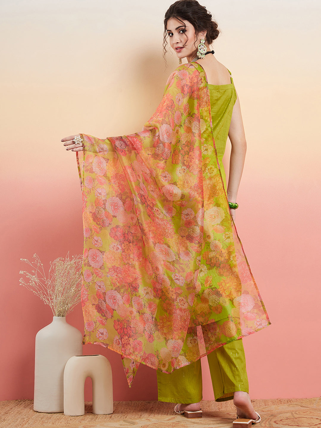 InWeave Women's Lime Green Lurex Strappy Straight Kurta Set W Organza Dupatta - Swadesiicart