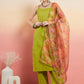 InWeave Women's Lime Green Lurex Strappy Straight Kurta Set W Organza Dupatta - Swadesiicart