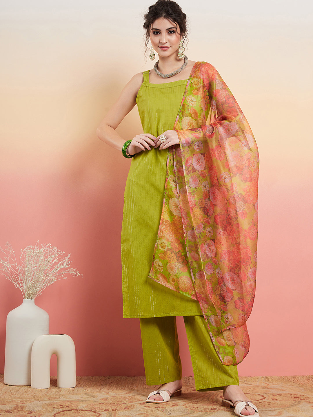 InWeave Women's Lime Green Lurex Strappy Straight Kurta Set W Organza Dupatta - Swadesiicart