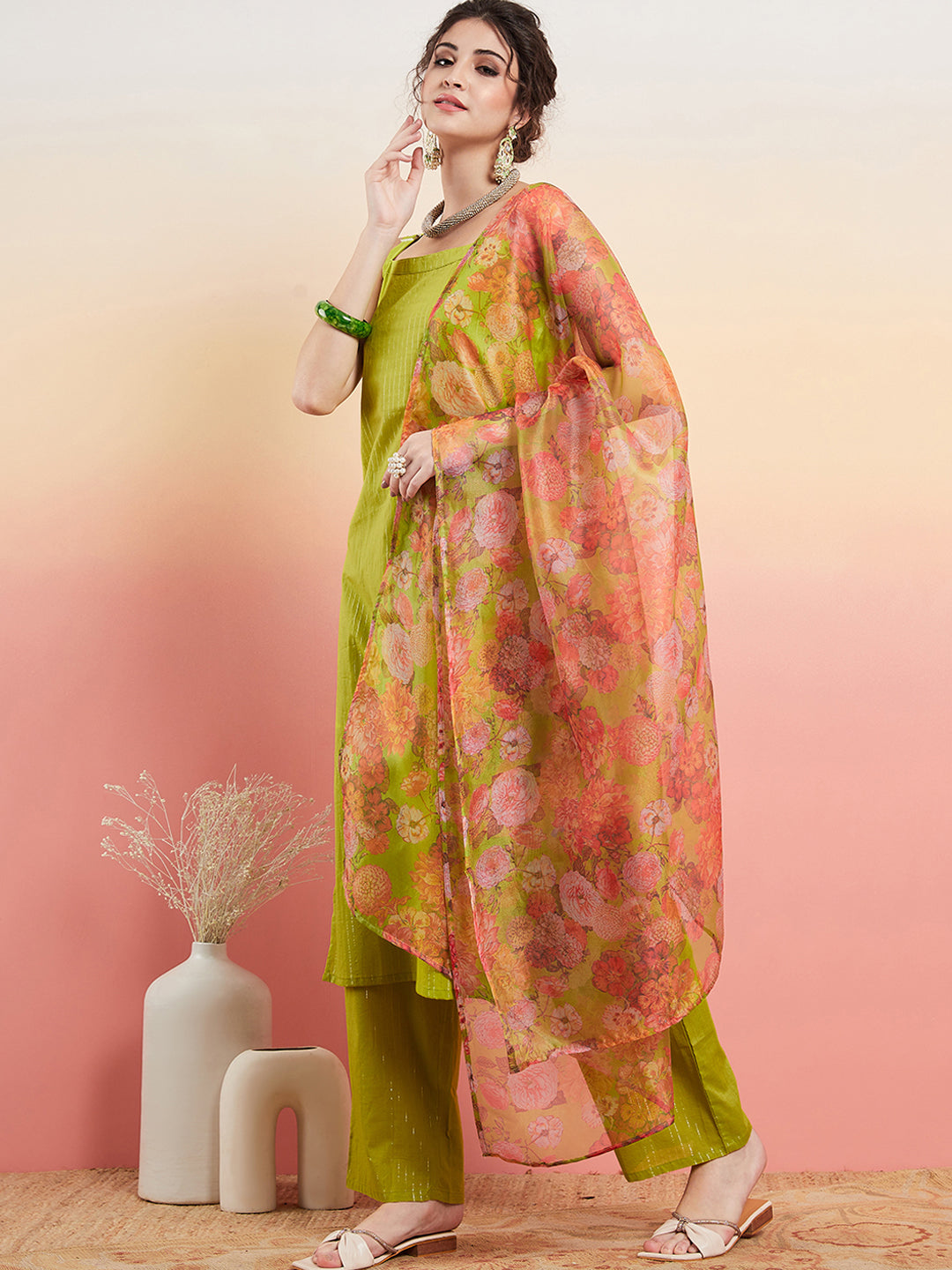 InWeave Women's Lime Green Lurex Strappy Straight Kurta Set W Organza Dupatta - Swadesiicart