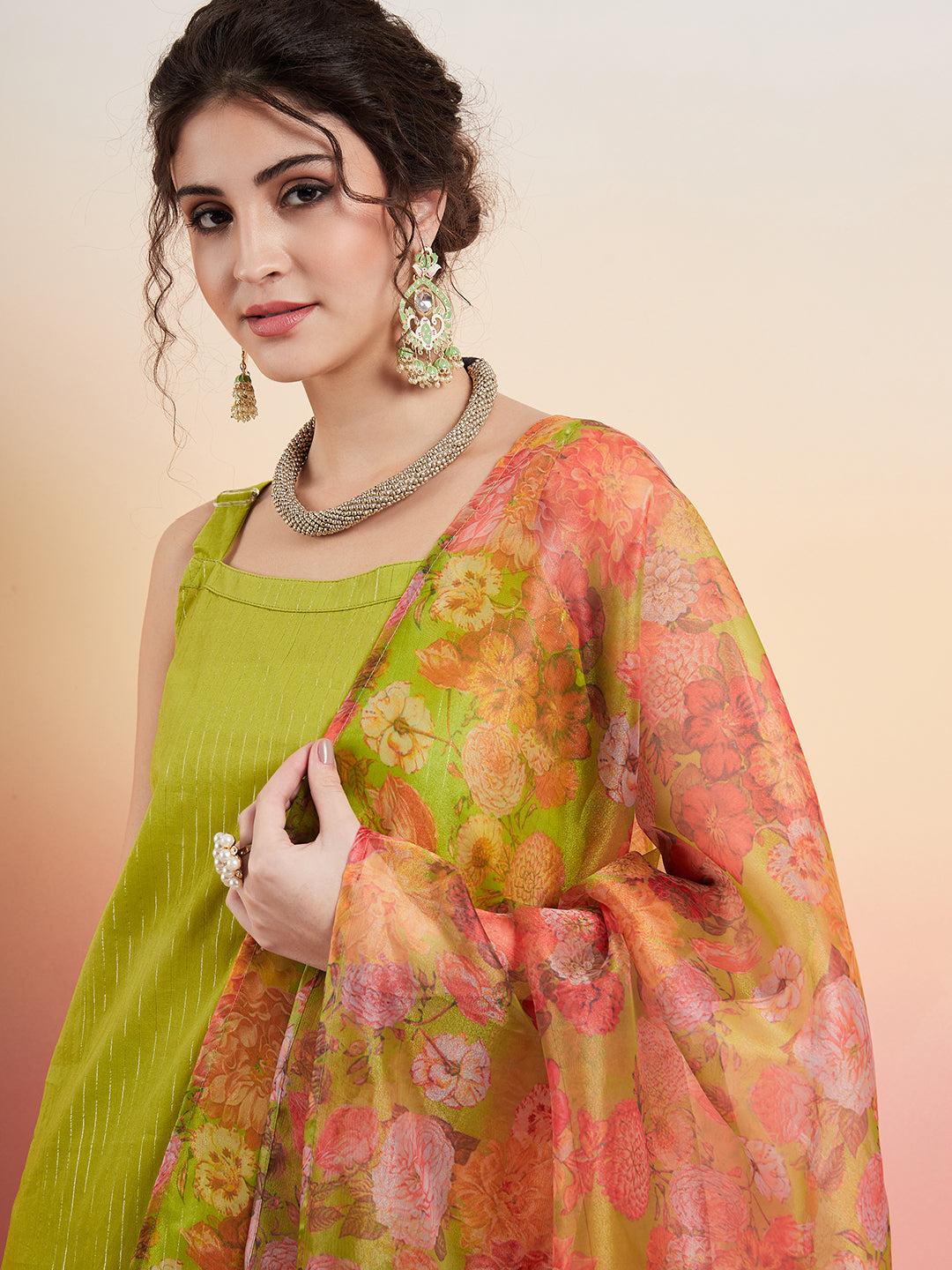 InWeave Women's Lime Green Lurex Strappy Straight Kurta Set W Organza Dupatta - Swadesiicart