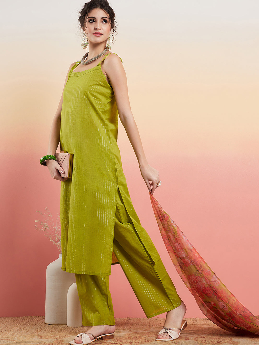 InWeave Women's Lime Green Lurex Strappy Straight Kurta Set W Organza Dupatta - Swadesiicart