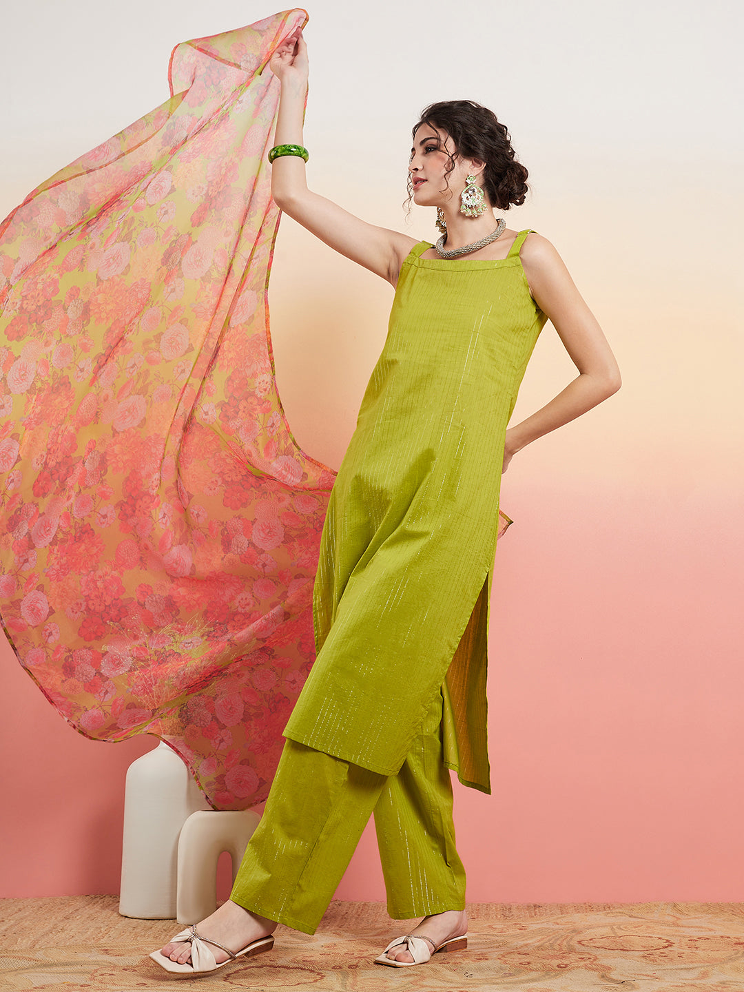 InWeave Women's Lime Green Lurex Strappy Straight Kurta Set W Organza Dupatta - Swadesiicart