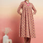 InWeave Women's Beige Pink Floral Pink White Leh V Neck Kurta Set - Swadesiicart