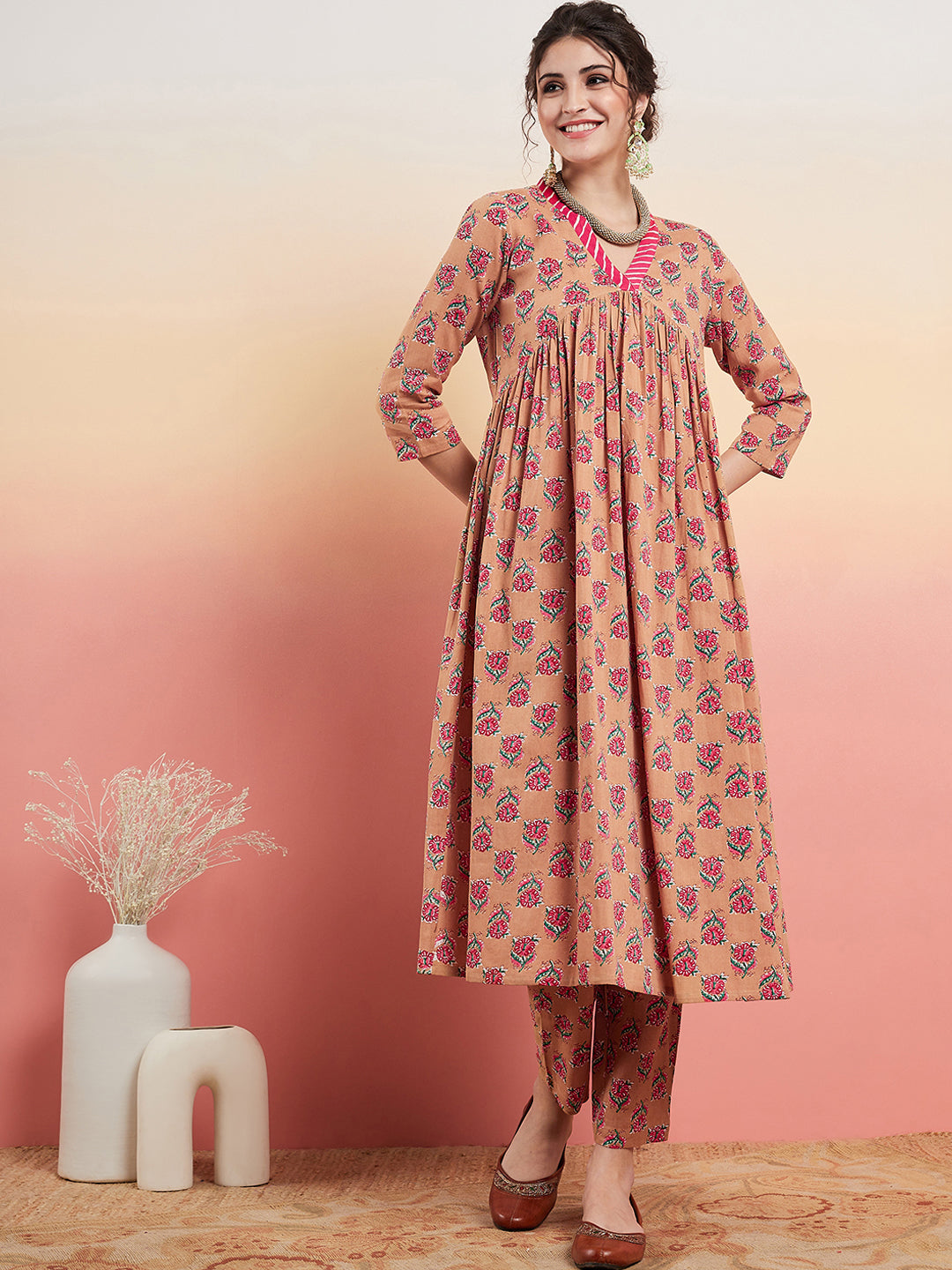 InWeave Women's Beige Pink Floral Pink White Leh V Neck Kurta Set - Swadesiicart