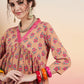 InWeave Women's Beige Pink Floral Pink White Leh V Neck Kurta Set - Swadesiicart