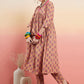InWeave Women's Beige Pink Floral Pink White Leh V Neck Kurta Set - Swadesiicart