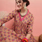 InWeave Women's Beige Pink Floral Pink White Leh V Neck Kurta Set - Swadesiicart